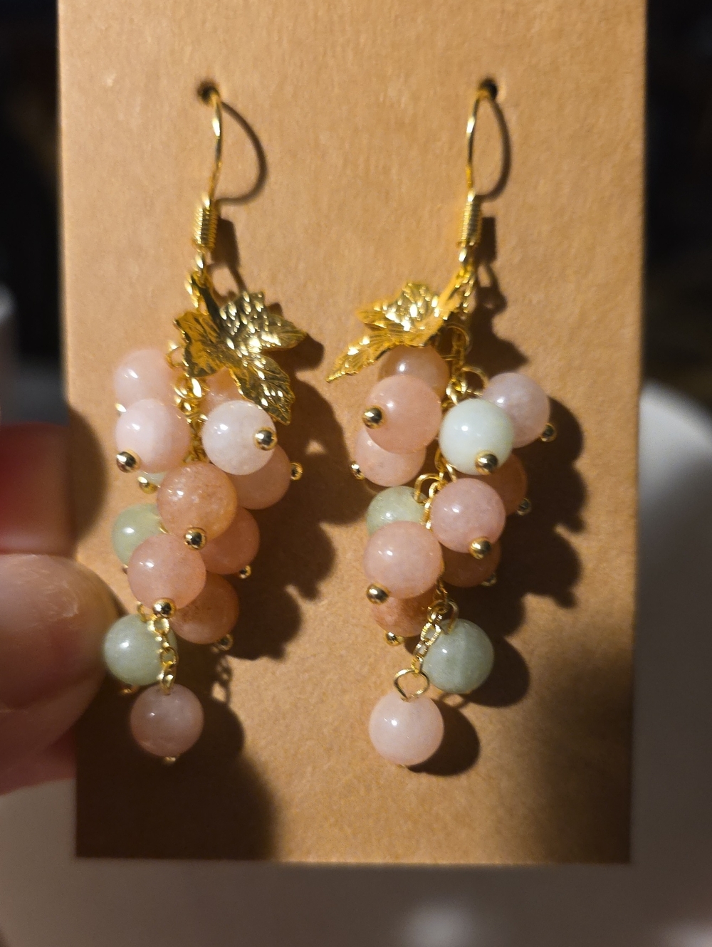 Gold Leaf Pink & Green Jade Dangle Earrings